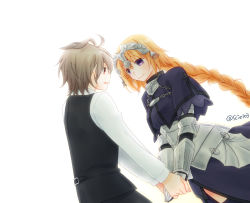 Rule 34 | 1boy, 1girl, ahoge, armor, armored dress, black pants, blonde hair, blush, braid, breasts, capelet, chain, cloak, commentary, couple, face-to-face, fate/apocrypha, fate (series), gauntlets, headpiece, hetero, holding hands, jeanne d&#039;arc (fate), jeanne d&#039;arc (ruler) (fate), long braid, long hair, long sleeves, looking at another, medium breasts, pants, purple eyes, purple thighhighs, red eyes, shirt, short hair, sieg (fate), silver hair, simple background, single braid, smile, thighhighs, thighs, very long hair, waist cape, waistcoat, watari (fakegarden), white background, white shirt