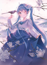 Rule 34 | 1girl, ;), absurdres, animal, animal on hand, bad id, bad pixiv id, bird, bird on hand, blue eyes, blue hair, blue skirt, branch, closed mouth, commentary request, flower, hair between eyes, hand up, harusame (user wawj5773), hatsune miku, highres, long hair, long sleeves, one eye closed, petals, skirt, smile, solo, twintails, very long hair, vocaloid, white flower