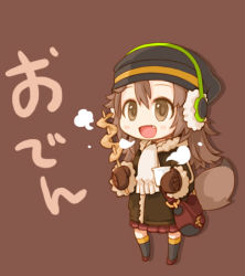 Rule 34 | 1girl, :d, bag, beanie, brown background, brown eyes, brown hair, chibi, earmuffs, food, gloves, hat, holding, long hair, lowres, open mouth, original, ran system, simple background, skirt, smile, solo, tail, translated