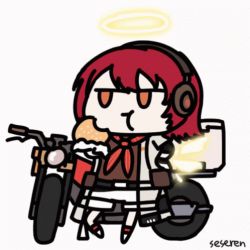 Rule 34 | 1girl, animated, animated gif, arknights, burger, chewing, eating, halo, lowres, motor vehicle, motorcycle, seseren