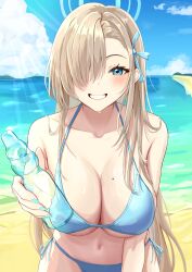 Rule 34 | 1girl, absurdres, alternate costume, aoyama kou, asuna (blue archive), bikini, blonde hair, blue archive, blue bikini, blue eyes, blue halo, blue nails, blue ribbon, blue sky, blush, bottle, breasts, cleavage, cloud, commentary request, cowboy shot, day, grin, hair over one eye, hair ribbon, halo, halterneck, highres, holding, holding bottle, large breasts, long hair, looking at viewer, mole, mole on breast, navel, one eye covered, outdoors, ribbon, side-tie bikini bottom, sky, smile, solo, sweat, swimsuit, very long hair