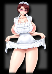 Rule 34 | 00s, 1girl, apron, apron lift, breasts, brown eyes, brown hair, censored, chichi kurage ss, clothes lift, emma, emma (victorian romance emma), glasses, huge breasts, large breasts, maid, maid apron, nipples, solo, uncensored, victorian romance emma