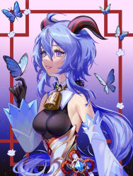 Rule 34 | 1girl, ahoge, bare shoulders, bell, black shirt, blue butterfly, blue hair, breasts, bug, butterfly, butterfly on hand, cleavage, cowbell, detached sleeves, ganyu (genshin impact), genshin impact, goat horns, gradient background, hair between eyes, highres, horns, insect, long hair, looking to the side, medium breasts, neck bell, parted lips, portrait, purple background, purple eyes, shirt, sidelocks, sleeveless, sleeveless shirt, smile, solo, upper body, yubuki i