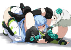 Rule 34 | &gt;:o, 2girls, :o, bare shoulders, black footwear, black gloves, blue hair, blush, boots, cross-laced footwear, fingerless gloves, flower, gloves, green flower, green rose, hairband, heavy breathing, hime cut, himekouji yuki, lace-up boots, leg lock, leotard, long hair, looking at another, multiple girls, open mouth, parted lips, ring dream, ringlets, rose, sasaki yukime, scissorhold, short hair, silver hair, smile, sweat, thigh boots, thighhighs, tobisawa, v-shaped eyebrows, white footwear, white legwear, wrestling, wrestling outfit, yuki onna (ring dream), yuri