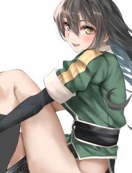 Rule 34 | 1girl, black eyes, black gloves, black hair, breasts, chikuma (kancolle), chikuma kai ni (kancolle), commentary request, elbow gloves, gloves, green shirt, kantai collection, large breasts, long hair, looking at viewer, pelvic curtain, puffy short sleeves, puffy sleeves, shirt, short sleeves, simple background, single elbow glove, solo, tororo ten, unfinished, white background