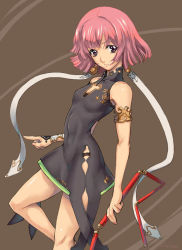 Rule 34 | china dress, chinese clothes, dress, earrings, jewelry, pink hair, purple eyes, short hair, skin tight, solo, weapon