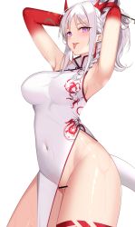 Rule 34 | 1girl, :p, absurdres, arknights, armpits, arms up, ateoyh, bar censor, bare shoulders, braid, breasts, censored, china dress, chinese clothes, cleft of venus, commentary request, covered navel, cowboy shot, dress, groin, highres, horns, large breasts, long hair, looking at viewer, nian (arknights), nian (unfettered freedom) (arknights), no panties, official alternate costume, partial commentary, pointy ears, purple eyes, pussy, silver hair, simple background, sleeveless, sleeveless dress, solo, standing, tail, taut clothes, taut dress, thighs, tongue, tongue out, white background, white dress