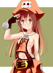 Rule 34 | 1girl, arc system works, bad id, bad pixiv id, belt, breasts, brown eyes, brown hair, fingerless gloves, gloves, guilty gear, guilty gear xrd, hat, highres, long hair, looking at viewer, may (guilty gear), navel, nipples, orange eyes, orange hat, orange shirt, perky breasts, pirate hat, salute, shirt, simple background, skull, skull and crossbones, small breasts, smile, solo, suppy, tabard