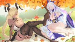 Rule 34 | 2girls, absurdres, asymmetrical bangs, azur lane, bare shoulders, barefoot, black horns, braid, breasts, brown horns, cardigan, choker, cleavage, dark-skinned female, dark skin, feet, feet together, fishnet gloves, fishnets, foot focus, foot up, gloves, hair over one eye, highres, horn ornament, horns, huge breasts, japanese clothes, large breasts, large horns, long bangs, long hair, long sleeves, looking at viewer, low twin braids, mattress, mole, multicolored hair, multiple girls, one eye covered, outdoors, owari (azur lane), presenting foot, purple eyes, ribbed cardigan, sitting, soles, spread toes, strapless kimono, streaked hair, thighs, toes, twin braids, unzen (azur lane), very long hair, white hair, yellow eyes, zzo (chorizzzzo)