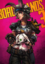Rule 34 | 1girl, ;), absurdres, aged up, armor, black gloves, borderlands (series), borderlands 3, breastplate, cargo pants, commentary, copyright name, cowboy shot, english commentary, eyelashes, fingerless gloves, gloves, goggles, goggles on head, highres, lips, looking at viewer, mask, mask on head, monori rogue, nose, one eye closed, pants, pink background, short hair, shoulder armor, silver hair, skull mask, smile, solo, stuffed animal, stuffed rabbit, stuffed toy, tiny tina