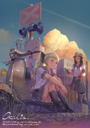 Rule 34 | 2girls, alphonse (white datura), basket, black socks, blonde hair, blue sky, can, closed eyes, cloud, coca-cola, commentary request, contrail, drink can, english text, from below, grass, grey skirt, hair ribbon, hat, high ponytail, highres, holding, holding can, kneehighs, legs together, long hair, motor vehicle, multiple girls, original, outdoors, own hands together, panties, pantyshot, pleated skirt, railroad crossing, railroad signal, ribbon, school uniform, scooter, serafuku, short sleeves, sidelocks, sign, sitting, skirt, sky, smile, socks, soda can, standing, suitcase, thighs, underwear, wavy hair