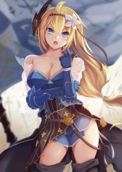 Rule 34 | 10s, 1girl, blonde hair, blue eyes, boots, breasts, cleavage, contrapposto, cowboy shot, female focus, flower, gauntlets, granblue fantasy, hair between eyes, hair flower, hair ornament, highres, igayan, jeanne d&#039;arc (granblue fantasy), jeanne d&#039;arc (shingeki no bahamut), long hair, looking at viewer, low-tied long hair, medium breasts, open mouth, ponytail, shingeki no bahamut, solo, standing, thigh boots, thighhighs