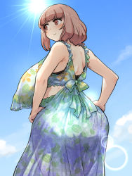 Rule 34 | 1girl, absurdres, back bow, blunt bangs, bow, breasts, brown eyes, brown hair, cloud, cloudy sky, covered erect nipples, dot nose, dress, floral print, frills, hands on own hips, highres, huge breasts, looking to the side, medium hair, nipple plug, outdoors, see-through, sky, solo, sun, tareme, tetsuwan woopie, wide hips