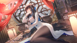 Rule 34 | 1girl, absurdres, black hair, black pantyhose, blue ribbon, blush, branch, breasts, brown eyes, china dress, chinese clothes, curtains, dress, dutch angle, elbow rest, feet out of frame, flower, folded fan, folding fan, from side, girls&#039; frontline, girls&#039; frontline neural cloud, hair flower, hair ornament, hair ribbon, half updo, hand fan, hanging lantern, head rest, highres, holding, holding fan, id card, indoors, lantern, large breasts, lattice, layered dress, leaning to the side, long hair, long sleeves, looking at viewer, mattress, no shoes, official alternate costume, paintbrush, paintbrush rack, pantyhose, paper lantern, reclining, ribbon, round window, see-through, see-through sleeves, shelf, side slit, smile, solo, table, tassel, type 95 (girls&#039; frontline), type 95 (narcissus) (girls&#039; frontline), very long hair, wallpaper (object), white dress, window, winter, wooden table, yellow eyes, ying yi