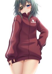 Rule 34 | 1girl, absurdres, blue eyes, blush, closed mouth, clothes writing, cowboy shot, eyepatch, green hair, hair between eyes, highres, jacket, jersey, kantai collection, kiso (kancolle), long sleeves, makura (y makura), official alternate costume, red jacket, short hair, simple background, solo, track jacket, white background