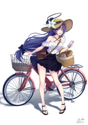 Rule 34 | 1girl, absurdres, artist name, bag, baguette, bare legs, basket, bicycle, bicycle basket, black bow, black footwear, black halo, black skirt, bld zi, blue archive, blue eyes, bow, bread, breasts, brown bag, brown hat, cellphone, commentary request, flower, food, frilled shirt, frills, full body, hair bow, halo, hat, highres, holding, holding phone, korean commentary, long hair, looking at viewer, open mouth, parted bangs, phone, pleated skirt, purple hair, sandals, shirt, shoulder bag, simple background, skirt, small breasts, smartphone, solo, standing, straw hat, teeth, twitter username, upper teeth only, very long hair, white background, white flower, white shirt, yuuka (blue archive)
