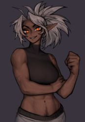Rule 34 | 1girl, abs, absurdres, ahoge, black pubic hair, breasts, clenched hand, commentary, elf, english commentary, female pubic hair, flexing, grey background, grey pants, grin, halterneck, highres, huge ahoge, long pointy ears, looking at viewer, matilda fiship, medium breasts, midriff, muscular, muscular female, navel, navel hair, notched ear, olivia (matilda fiship), original, pants, pointy ears, portrait, pubic hair, pubic hair peek, redesign, scar, short ponytail, shoulder tattoo, silver hair, simple background, smile, solo, tattoo, thick eyebrows