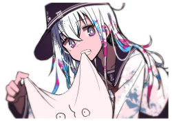 Rule 34 | 1girl, absurdres, clenched teeth, flat cap, hair between eyes, hat, hibiki (kancolle), highres, kantai collection, long hair, long sleeves, mouth hold, multicolored eyes, multicolored hair, neckerchief, paint splatter, red neckerchief, sailor collar, school uniform, serafuku, simple background, solo, teeth, tetuw, white background, white hair