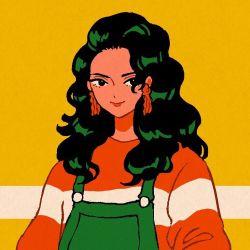 Rule 34 | 1girl, black eyes, black hair, earrings, flat color, green overalls, jewelry, long hair, long sleeves, looking at viewer, minillustration, original, red shirt, shirt, smile, solo, striped clothes, striped shirt, upper body, yellow background
