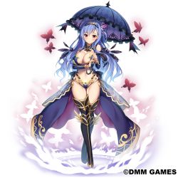 Rule 34 | 1girl, :o, armor, back bow, bare shoulders, black thighhighs, blue hair, blush, boots, bow, breasts, bug, butterfly, butterfly hair ornament, center opening, cleavage, company name, crossed legs, crotch plate, detached collar, detached sleeves, diadem, dress, earrings, fortress girl, full body, gluteal fold, gold trim, groin, hair between eyes, hair ornament, halterneck, highleg, highleg panties, holding, holding umbrella, insect, jewelry, long hair, long sleeves, magic circle, medium breasts, milena (fortress girl), mole, mole on breast, navel, official art, one side up, open clothes, open dress, panties, parted bangs, parted lips, pauldrons, red eyes, revealing clothes, shoulder armor, single pauldron, solo, standing, thigh boots, thigh gap, thighhighs, umbrella, underwear, waist cape, white background, wing ornament, xe (execut3r)