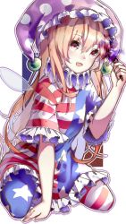 Rule 34 | 1girl, absurdres, american flag dress, american flag legwear, arm support, blonde hair, clownpiece, dress, fairy wings, fire, hair between eyes, hat, highres, holding, jester cap, long hair, neck ruff, open mouth, pantyhose, polka dot, red eyes, short dress, short sleeves, simple background, sitting, smile, solo, star (symbol), star print, striped clothes, striped dress, torch, touhou, very long hair, wariza, white background, wings, yilocity