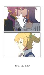 Rule 34 | 3girls, ascot, bell, black jacket, blonde hair, blush, brochan, choker, commentary, daiba nana, dress, english text, glasses, green eyes, hair bell, hair ornament, highres, hoshimi junna, imminent kiss, jacket, long hair, multiple girls, one side up, purple hair, shirt, shoujo kageki revue starlight, simple background, sweatdrop, tsuyuzaki mahiru, two side up, white ascot, white background, white choker, white dress, white shirt, yuri