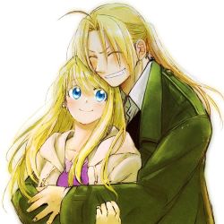 Rule 34 | 1boy, 1girl, antenna hair, blonde hair, blue eyes, couple, earrings, edward elric, closed eyes, fingernails, floating hair, fullmetal alchemist, green jacket, grin, happy, hetero, highres, hug, hug from behind, jacket, jewelry, long hair, looking at another, ponytail, purple shirt, shirt, simple background, smile, sparkle, tsukuda0310, upper body, white background, white jacket, white shirt, winry rockbell