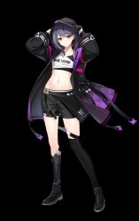Rule 34 | 1girl, arms up, asymmetrical legwear, black footwear, black gloves, black jacket, black shorts, black thighhighs, closers, crop top, eunha (closers), full body, gloves, gradient clothes, green eyes, half gloves, highres, jacket, long sleeves, looking at viewer, midriff, navel, neon lights, official art, open clothes, open jacket, parted lips, purple hair, shirt, shoes, short hair, short shorts, shorts, sleeveless, sleeveless shirt, solo, spaghetti strap, standing, stomach, thighhighs, thighs, two-tone shirt, white shirt