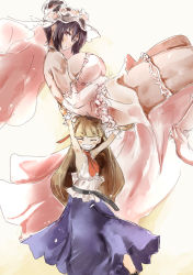 Rule 34 | 2girls, ^ ^, armpits, arms up, bare shoulders, black hair, blush stickers, breast hold, breasts, bridal gauntlets, brown hair, carrying, closed eyes, commentary request, dress, grin, hair up, headdress, horns, ibuki suika, impossible clothes, impossible dress, large breasts, long hair, looking at viewer, m.u.g.e.n, multiple girls, neckerchief, original, pink dress, pink legwear, princess carry, red eyes, sendai hakurei no miko, shirt, size difference, sketch, skirt, sleeveless, sleeveless shirt, smile, thighhighs, touhou, wedding dress, wristband, yohane
