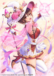 Rule 34 | 1girl, :d, brown hair, detached sleeves, dress, flower, foreshortening, hand up, hat, hat flower, hatsune miku graphy collection, high heels, highres, leg up, magic, meiko (vocaloid), milcho, official art, open mouth, pink flower, pink rose, red eyes, ribbon, rose, short hair, smile, solo, staff, thighhighs, vocaloid, white hat, witch hat