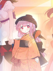 Rule 34 | 2girls, biyon, black headwear, blush, bowl, bowl hat, commentary, dress, hair between eyes, hat, japanese clothes, kijin seija, kimono, long hair, long sleeves, multiple girls, obi, parted lips, puffy short sleeves, puffy sleeves, purple hair, red eyes, red kimono, sash, short sleeves, solo focus, sukuna shinmyoumaru, symbol-only commentary, touhou, twitter username, white dress, wide sleeves