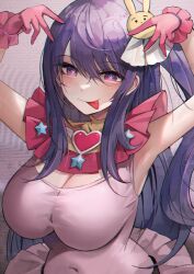 Rule 34 | 1girl, :o, :p, armpits, arms up, blush, breasts, brooch, cleavage, commentary, covered navel, gloves, hair ornament, heart, highres, hoshino ai (oshi no ko), jewelry, large breasts, long hair, oshi no ko, pink gloves, purple eyes, purple gloves, purple hair, rabbit hair ornament, smile, solo, star-shaped pupils, star (symbol), suou-sensei, symbol-shaped pupils, tongue, tongue out, upper body