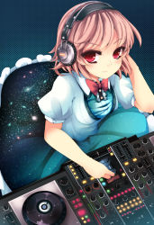 Rule 34 | blush, bow, bowtie, dj, dress, galaxy, headphones, highres, moccy, phonograph, pink hair, red eyes, smile, solo, star (sky), turntable
