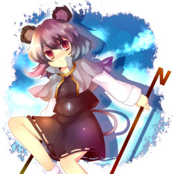 Rule 34 | 1girl, animal ears, bad id, bad pixiv id, blush, capelet, dowsing rod, female focus, grey hair, jewelry, mouse ears, mouse tail, nazrin, pendant, red eyes, short hair, smile, solo, tail, touhou, uranaishi (miraura)