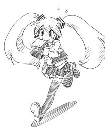 Rule 34 | 1girl, adjusting clothes, adjusting necktie, asari yoshitoo, bare shoulders, black skirt, black sleeves, black thighhighs, boots, bread, commentary, detached sleeves, food, food in mouth, full body, greyscale, hair ornament, hatsune miku, headphones, headset, long hair, monochrome, mouth hold, necktie, pleated skirt, running, shadow, shirt, shoulder tattoo, skirt, sleeveless, sleeveless shirt, solo, sweatdrop, tattoo, thigh boots, thighhighs, twintails, very long hair, vocaloid, white background, zettai ryouiki