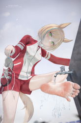 Rule 34 | 1girl, absurdres, animal ears, barefoot, blonde hair, blue nails, closed mouth, faucet, feet, greek toe, green eyes, grey sky, highres, holding, holding shoes, horse ears, horse girl, horse tail, jacket, jersey, little cocon (umamusume), looking at viewer, multicolored hair, nail polish, outdoors, red jacket, red shorts, shoes, short hair, shorts, sky, sneakers, soles, solo, streaked hair, tail, toes, umamusume, ursica, water, wet
