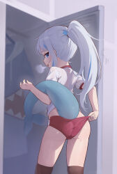 Rule 34 | 1girl, absurdres, adjusting clothes, ass, black thighhighs, blue eyes, blue hair, blue hoodie, buruma, clothes hanger, commentary, cube hair ornament, english commentary, fins, fish tail, gawr gura, gym shirt, gym uniform, hair ornament, highres, hirotaka0125, hololive, hololive english, hood, hoodie, light blue hair, locker, long hair, looking at viewer, looking back, multicolored hair, petite, ponytail, red buruma, shark girl, shark tail, shirt, solo, streaked hair, sweat, tail, thighhighs, virtual youtuber, white shirt
