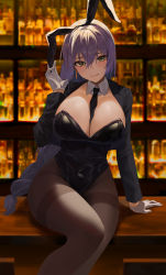 Rule 34 | 1girl, absurdres, alcohol, animal ears, arm support, bar (place), bburi, between breasts, black leotard, black necktie, braid, braided ponytail, breasts, brown pantyhose, cleavage, closed mouth, collar, covered navel, detached collar, earrings, fake animal ears, feet out of frame, gloves, green eyes, hair between eyes, highleg, highleg leotard, highres, jewelry, large breasts, leotard, long hair, looking at viewer, necktie, necktie between breasts, original, pantyhose, playboy bunny, purple hair, rabbit ears, shrug (clothing), sidelocks, single braid, sitting, smile, solo, table, thighband pantyhose, thighs, white collar, white gloves, wing collar