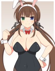 Rule 34 | 1girl, ahoge, animal ears, bare shoulders, black leotard, black ribbon, blue eyes, bow, bowtie, breasts, brown hair, cleavage, clenched hand, covered navel, detached collar, fake animal ears, green eyes, hair ribbon, hand on own hip, heterochromia, highres, ichiryuu tsumiki, large breasts, leotard, long hair, looking at viewer, playboy bunny, rabbit ears, red bow, red bowtie, ribbon, ryoubi (senran kagura), senran kagura, senran kagura shinovi versus, smile, solo, strapless, strapless leotard, twintails, very long hair, wrist cuffs