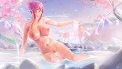 Rule 34 | 1girl, absurdres, alternate hairstyle, blue eyes, breasts, cherry blossoms, commentary, commentary request, highres, large breasts, long hair, lying, megurine luka, nipples, nude, onsen, petals, pink hair, rock, signature, solo, songjiangcc, vocaloid, wet
