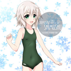 Rule 34 | 1girl, ahoge, artist name, blush, character name, clip studio paint (medium), collarbone, commentary request, cowboy shot, eyes visible through hair, flat chest, floral background, green eyes, green one-piece swimsuit, hair between eyes, inaba shiki, kantai collection, looking at viewer, messy hair, new school swimsuit, one-hour drawing challenge, one-piece swimsuit, photoshop (medium), school swimsuit, shimushu (kancolle), short hair, silver hair, smile, solo, swimsuit, white background