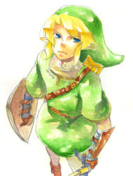 Rule 34 | 1boy, bad id, bad pixiv id, blonde hair, blue eyes, hat, holding, holding sword, holding weapon, link, looking at viewer, lowres, male focus, nintendo, perspective, pointy ears, renka (pixiv), shield, solo, sword, the legend of zelda, weapon