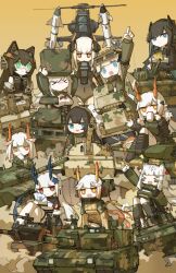 6+girls aircraft animal_ears black_hair blue_eyes blue_horns cannon changhe_z-10 chibi cup dragon_girl dragon_horns dragon_tail frider helicopter highres horns hq-17 leopard_ears leopard_girl mecha_musume military_uniform military_vehicle missile motor_vehicle mug multiple_girls orange_eyes orange_horns people&#039;s_liberation_army people&#039;s_liberation_army_ground_force personification radar_dish reactive_armor robot_ears smoke_grenade_launcher t-62 tail tank tank_turret tor-m1 vt-4_tank war_thunder white_hair wz-1001 zbd-04 zbl-08 ztl-11 ztz-88 ztz-96