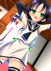 Rule 34 | 1girl, absurdres, arms behind head, black hair, black neckerchief, black sailor collar, black thighhighs, chisamikan, commentary request, dutch angle, elbow gloves, fang, gloves, gluteal fold, green eyes, highres, kantai collection, long hair, looking at viewer, low twintails, neckerchief, ribbon, sailor collar, school uniform, serafuku, skirt, sleeveless, smile, solo, suzukaze (kancolle), thighhighs, twintails, white skirt