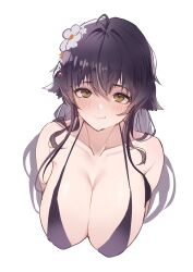 Rule 34 | 1girl, absurdres, azuma (azur lane), azur lane, bikini, black bikini, black hair, blush, breasts, brown eyes, cleavage, closed mouth, cropped torso, floppy ears, flower, hair between eyes, hair flower, hair ornament, highres, large breasts, long hair, looking at viewer, sea nami, simple background, smile, solo, swimsuit, upper body, white background