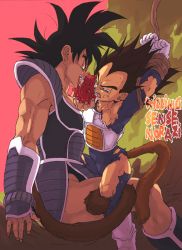 Rule 34 | 2boys, armor, black hair, brown hair, dragon ball, dragonball z, eating, eyebrows, male focus, multiple boys, nodules, restrained, sitting, sweat, tail, thick eyebrows, torn clothes, tullece, vegeta, yaoi