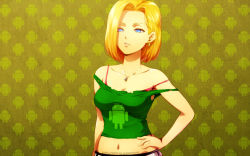 Rule 34 | 1girl, android (os), android 18, artist name, bare shoulders, blonde hair, blue eyes, breasts, collarbone, derivative work, dragon ball, dragonball z, earrings, hairu, hand on own hip, hidekeitaro, hip focus, jewelry, midriff, name connection, navel, necklace, parted lips, short hair, solo, strap slip, tank top, torn clothes, upper body, wallpaper