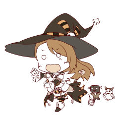 Rule 34 | 10s, 1girl, alternate costume, asymmetrical bangs, bandeau, bare shoulders, beatrix (granblue fantasy), black bow, black footwear, black ribbon, black skirt, black thighhighs, boots, bow, breasts, brown hair, brown shirt, candy, chasing, chibi, cleavage, detached collar, detached sleeves, food, full body, ghost, granblue fantasy, halloween costume, hat, hat ribbon, highres, long hair, long sleeves, looking away, medium breasts, midriff, multicolored clothes, multicolored legwear, o o, open mouth, orange bow, orange ribbon, orange thighhighs, outstretched arms, outstretched hand, reinaru, ribbon, running, scar, scared, shirt, short shorts, shorts, showgirl skirt, simple background, skirt, stitches, striped bow, striped clothes, striped ribbon, striped shorts, thighhighs, vertical-striped clothes, vertical-striped shorts, white background, wide sleeves, witch hat