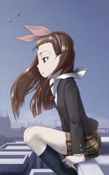 Rule 34 | 00s, 1girl, cityscape, female focus, highres, idolmaster, idolmaster (classic), idolmaster 1, minase iori, outdoors, rooftop, school uniform, sitting, sky, solo, ttomm