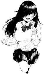Rule 34 | 1girl, absurdres, black hair, black skirt, blush, breasts, full body, gagaimo, greyscale, hair over one eye, highres, large breasts, long hair, long sleeves, looking at viewer, mole, mole under eye, monochrome, original, pleated skirt, simple background, skirt, sleeves past wrists, solo, sweater, traditional media, white background